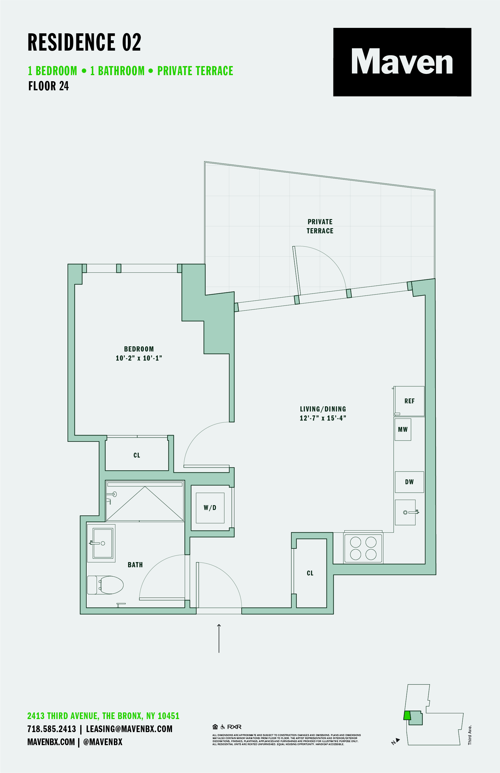Floor plan for 1 bed, 1 bath, 505 sqft